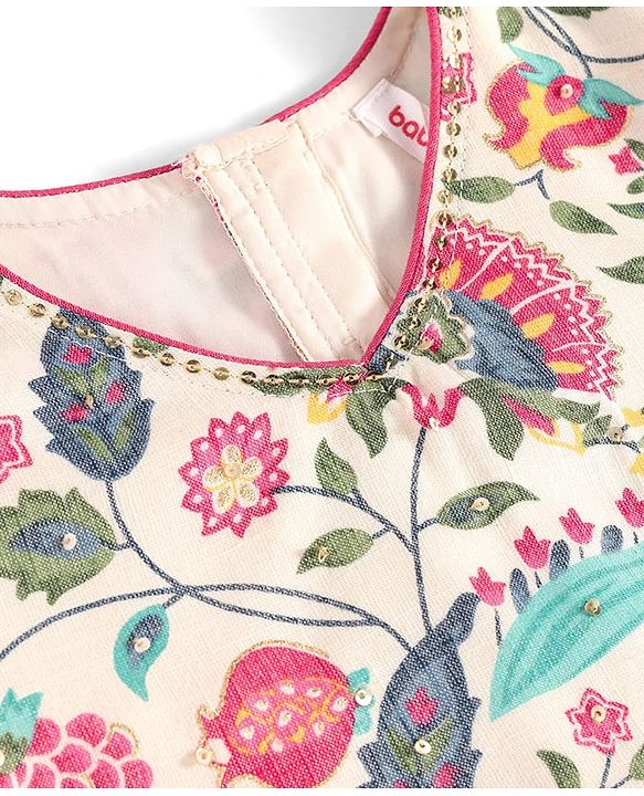 Babyhug Woven Half Sleeves Choli Lehenga Set with Dupatta & Floral Print & Lace Detailing - Pink & Offwhite