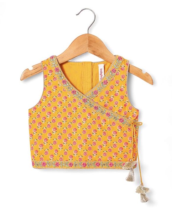 Babyhug Woven Sleeveless Lehenga Choli Set & Dupatta with Floral Print & Lace Detailing - Yellow & Peach