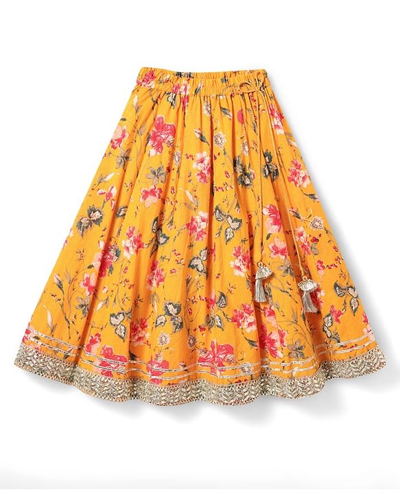 Babyhug Woven Sleeveless Lehenga Choli Set & Dupatta with Floral Print & Lace Detailing - Yellow & Peach