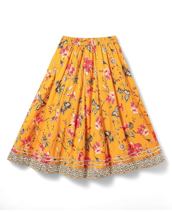 Babyhug Woven Sleeveless Lehenga Choli Set & Dupatta with Floral Print & Lace Detailing - Yellow & Peach