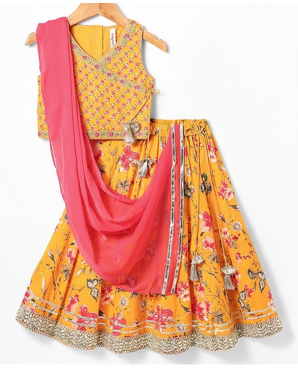 Babyhug Woven Sleeveless Lehenga Choli Set & Dupatta with Floral Print & Lace Detailing - Yellow & Peach