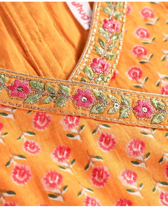 Babyhug Woven Sleeveless Lehenga Choli Set & Dupatta with Floral Print & Lace Detailing - Yellow & Peach