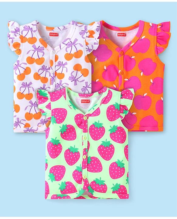 Babyhug Interlock Knit Frill Sleeves Front Open Vest With Tropical Theme Print Pack Of 3 - Orange White & Light Green