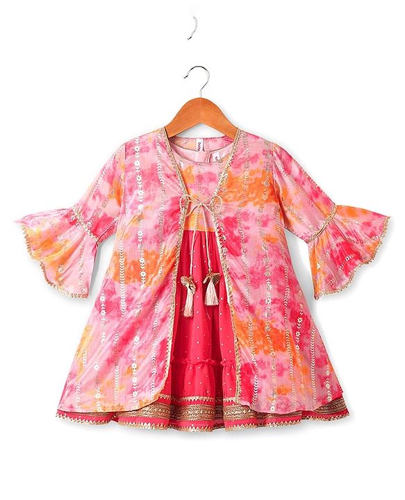 Babyhug Woven  Tie & Dye Printed Ethnic Dress with Floral Zari Booti Detailing & Three Fourth Sleeves Shrug - Dark Pink