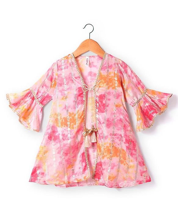 Babyhug Woven  Tie & Dye Printed Ethnic Dress with Floral Zari Booti Detailing & Three Fourth Sleeves Shrug - Dark Pink