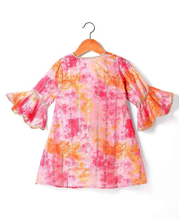 Babyhug Woven  Tie & Dye Printed Ethnic Dress with Floral Zari Booti Detailing & Three Fourth Sleeves Shrug - Dark Pink