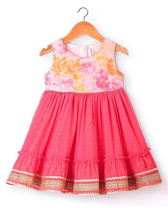 Babyhug Woven  Tie & Dye Printed Ethnic Dress with Floral Zari Booti Detailing & Three Fourth Sleeves Shrug - Dark Pink