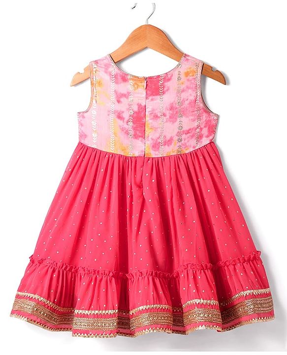 Babyhug Woven  Tie & Dye Printed Ethnic Dress with Floral Zari Booti Detailing & Three Fourth Sleeves Shrug - Dark Pink