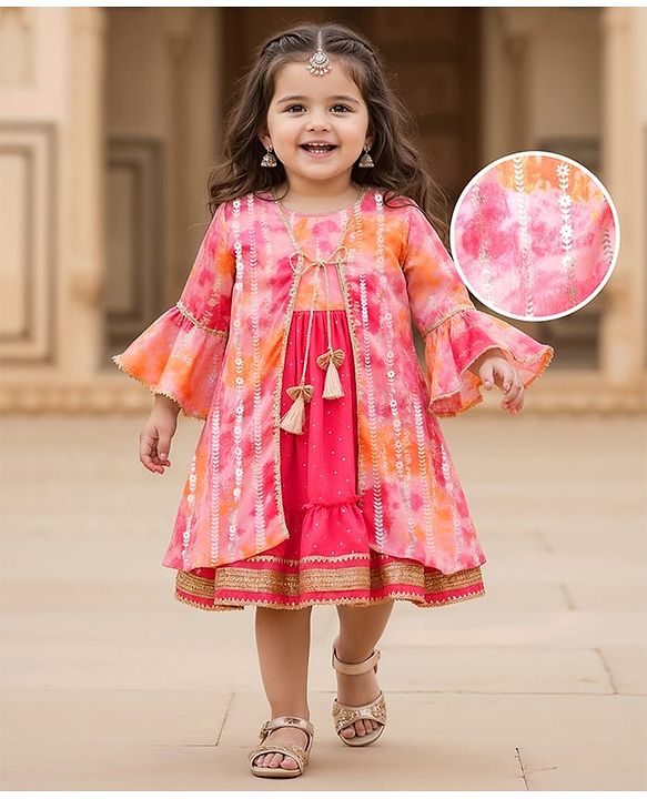 Babyhug Woven  Tie & Dye Printed Ethnic Dress with Floral Zari Booti Detailing & Three Fourth Sleeves Shrug - Dark Pink