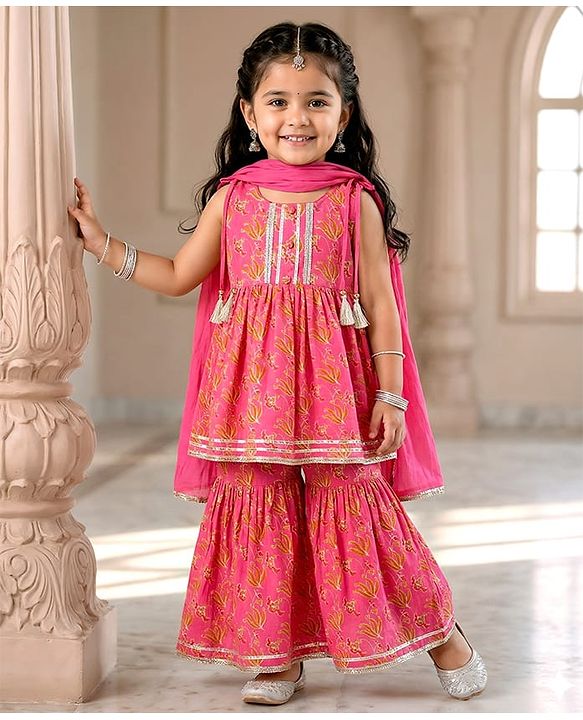 Babyhug Cotton Woven Sleeveless Floral Printed Kurti & Gharara Set with Dupatta - Dark Pink