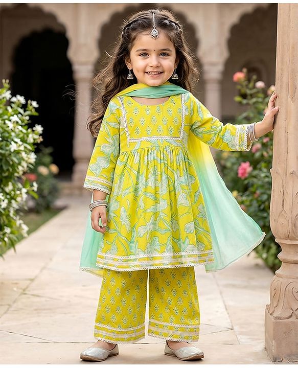 Babyhug Cotton Woven Three Fourth Sleeves Kurti Palazzo  Set with Dupatta  Lace Detailing & Leaves Print - Light Green