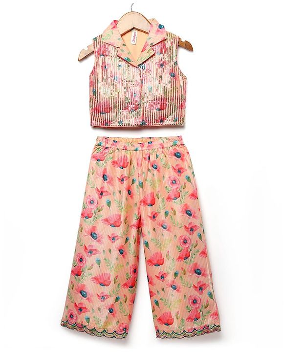 Babyhug Woven Sleeveless Indo Western Set with Floral Print & Sequin Detailing - Peach