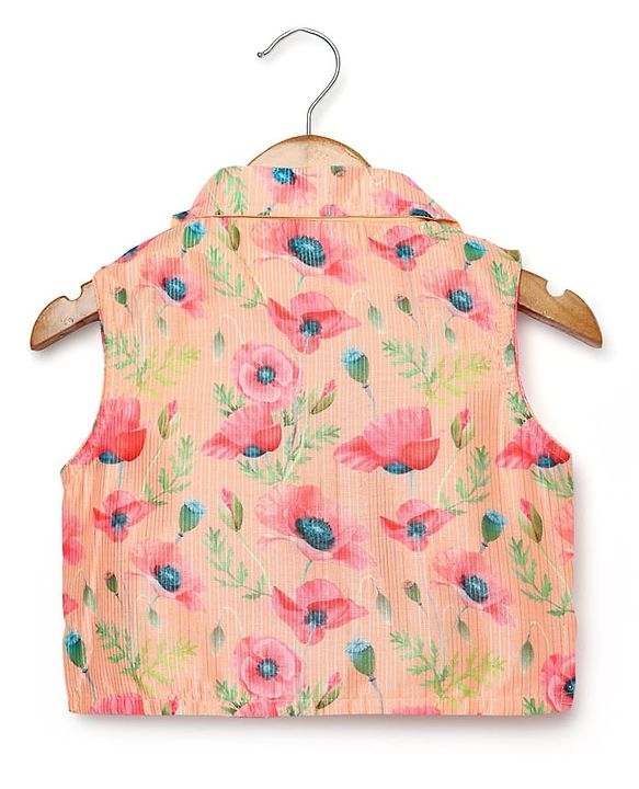 Babyhug Woven Sleeveless Indo Western Set with Floral Print & Sequin Detailing - Peach