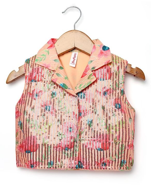 Babyhug Woven Sleeveless Indo Western Set with Floral Print & Sequin Detailing - Peach