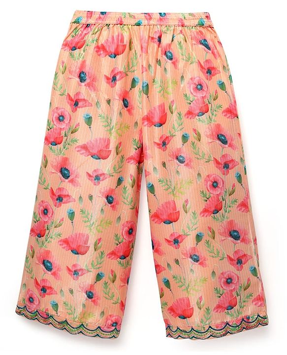 Babyhug Woven Sleeveless Indo Western Set with Floral Print & Sequin Detailing - Peach