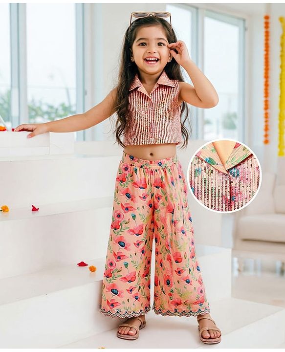 Babyhug Woven Sleeveless Indo Western Set with Floral Print & Sequin Detailing - Peach
