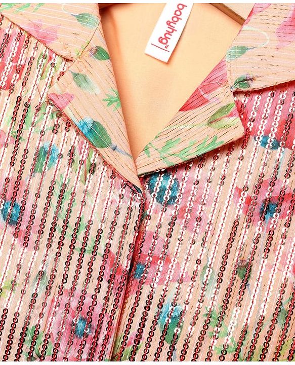 Babyhug Woven Sleeveless Indo Western Set with Floral Print & Sequin Detailing - Peach