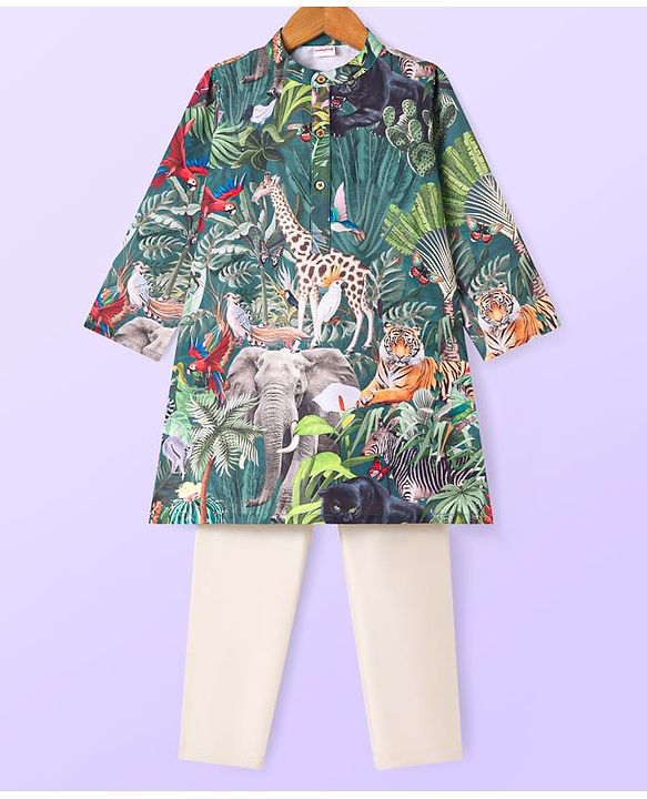 Babyhug Woven Full Sleeves Kurta Pyjama Set Forest Print - Dark Green