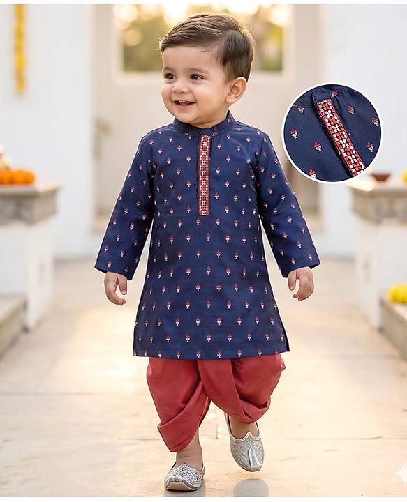Babyhug Woven Full Sleeves Foil Printed Embroidered Kurta Dhoti Set - Blue & Red