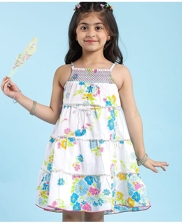 Babyhug Cotton Woven Sleeveless Floral Cambric Printed Tiered Ethnic Dress with Smock Detailing - White