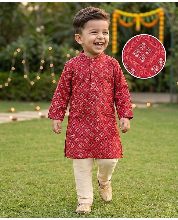 Babyhug Woven Full Sleeves Sequinned Embellished Kurta Pyjama Set  - Red