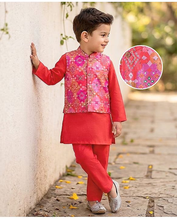 Babyhug Woven Full Sleeves Kurta & Pyjama Set With Bandhani Printed Jacket - Red