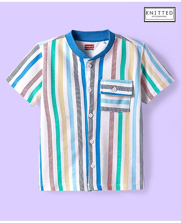 Babyhug Cotton Knit Half Sleeves Mandarin Collar Striped Shirt - White