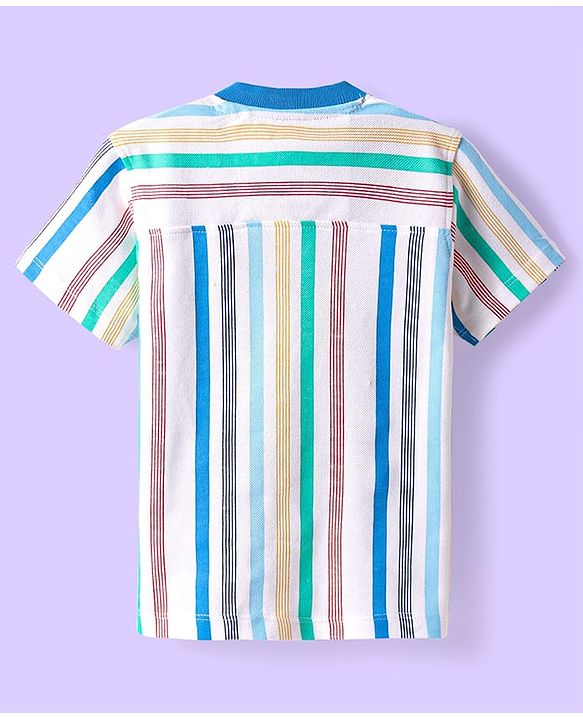 Babyhug Cotton Knit Half Sleeves Mandarin Collar Striped Shirt - White
