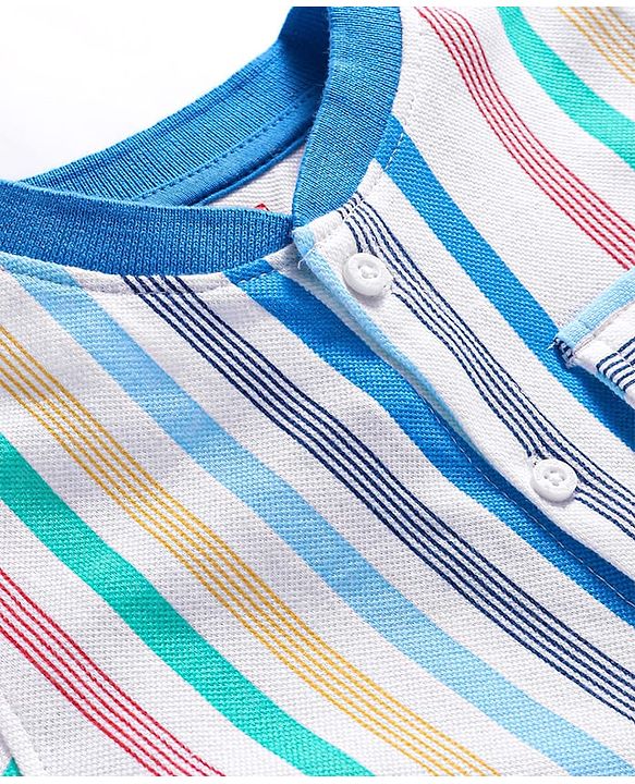 Babyhug Cotton Knit Half Sleeves Mandarin Collar Striped Shirt - White