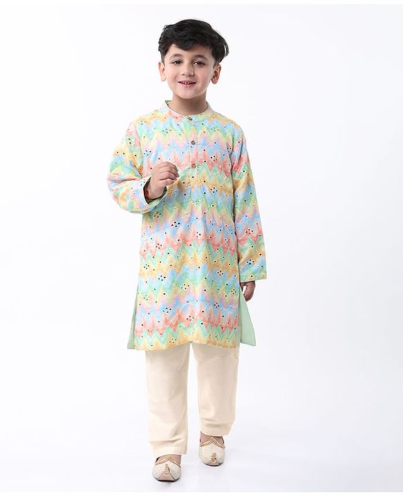 Babyhug Woven Full Sleeves Mirror Embellished Kurta Pyjama Set with Cheveron Print - Pink & Yellow