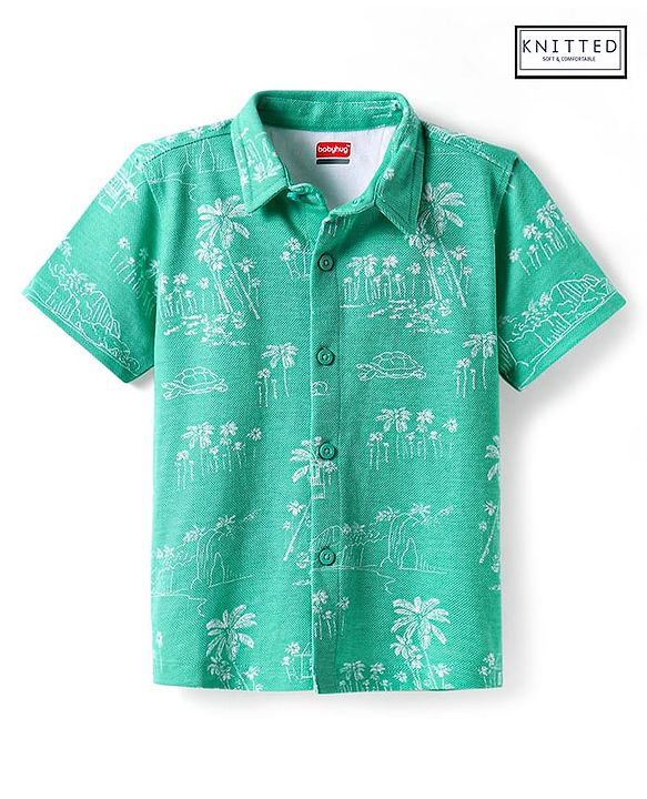 Babyhug Cotton Knit Half Sleeves Shirt with Beach Theme Print - Green