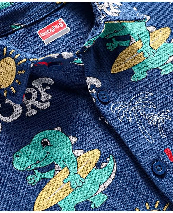 Babyhug Cotton Knit Half Sleeves Shirt with Dino & Surfing Theme Print - Navy Blue