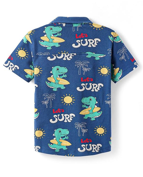 Babyhug Cotton Knit Half Sleeves Shirt with Dino & Surfing Theme Print - Navy Blue