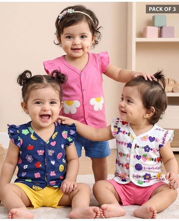 Babyhug 100% Interlock Knit Frill Sleeves Front Open Vests With Floral Print Pack Of 3 - Pink Navy Blue & White