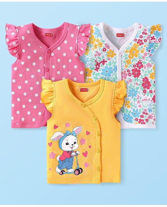 Babyhug 100% Cotton Knit Frill Sleeves Front Open Vests with Floral & Polka Dots Print Pack of 3 - Pink Yellow & White