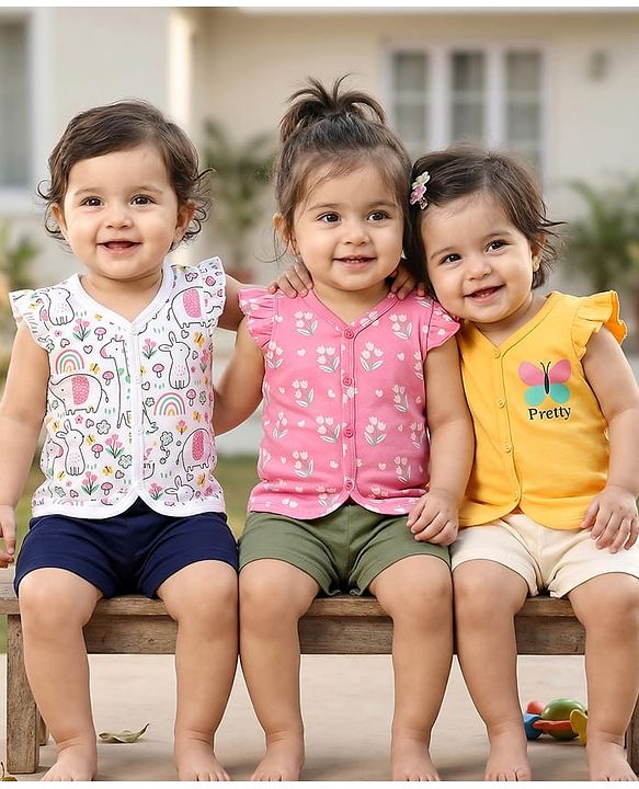 Babyhug 100% Cotton Interlock Knit Front Open Vests With Floral & Elephant Print Pack Of 3 - Yellow Pink & White