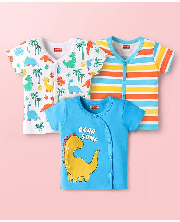 Babyhug 100% Cotton Interlock Knit Front Open Half Sleeves Vests With Striped & Dino Print Pack Of 3 - Light Blue & White