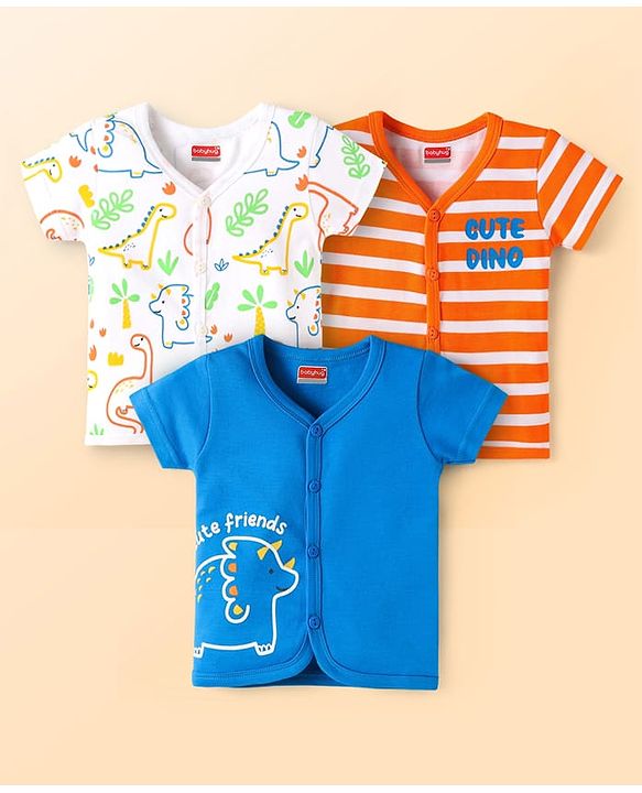 Babyhug 100% Cotton Interlock Knit Front Open Half Sleeves Vests With Striped & Dino Print - Blue Orange & White