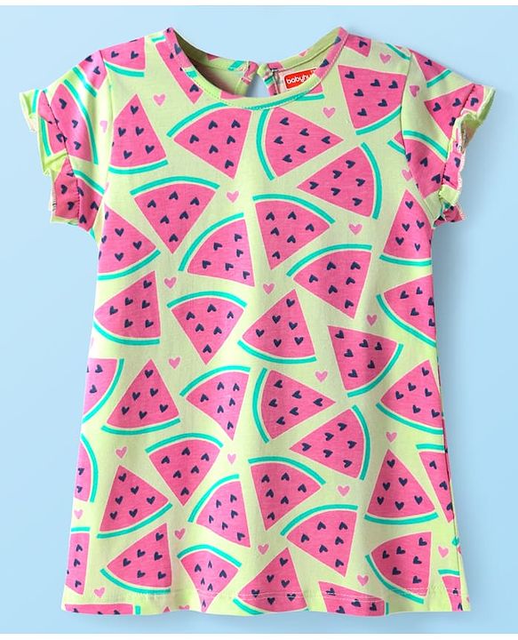 Babyhug Cotton Knit Frill Sleeves Nighty With Fruit Print - Light Green