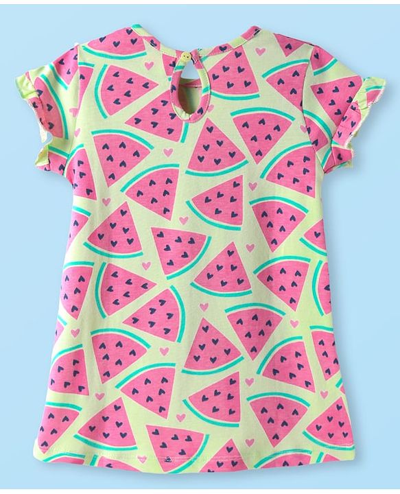 Babyhug Cotton Knit Frill Sleeves Nighty With Fruit Print - Light Green