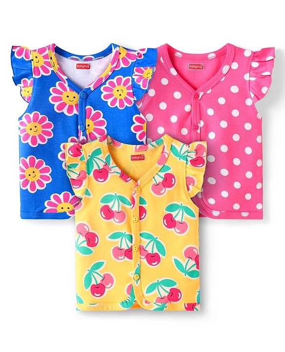 Babyhug Interlock Knit Frill Sleeves Front Open Vests With Fruit & Floral Print Pack of 3 - Yellow Blue & Pink