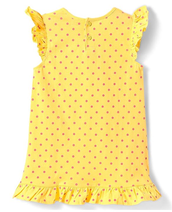 Babyhug Cotton Knit Frill Sleeves A Line Nighties with Polka Dots & Text Print Pack of 2 - Yellow & Dark Pink