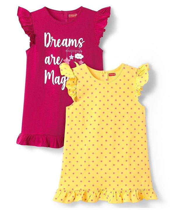 Babyhug Cotton Knit Frill Sleeves A Line Nighties with Polka Dots & Text Print Pack of 2 - Yellow & Dark Pink