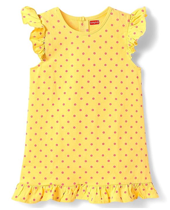 Babyhug Cotton Knit Frill Sleeves A Line Nighties with Polka Dots & Text Print Pack of 2 - Yellow & Dark Pink