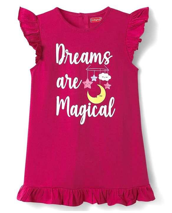 Babyhug Cotton Knit Frill Sleeves A Line Nighties with Polka Dots & Text Print Pack of 2 - Yellow & Dark Pink