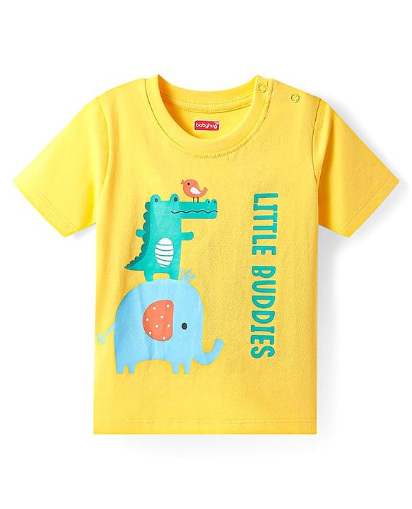Babyhug Cotton Knit Half Sleeves T-Shirt With Animal & Text  - Yellow