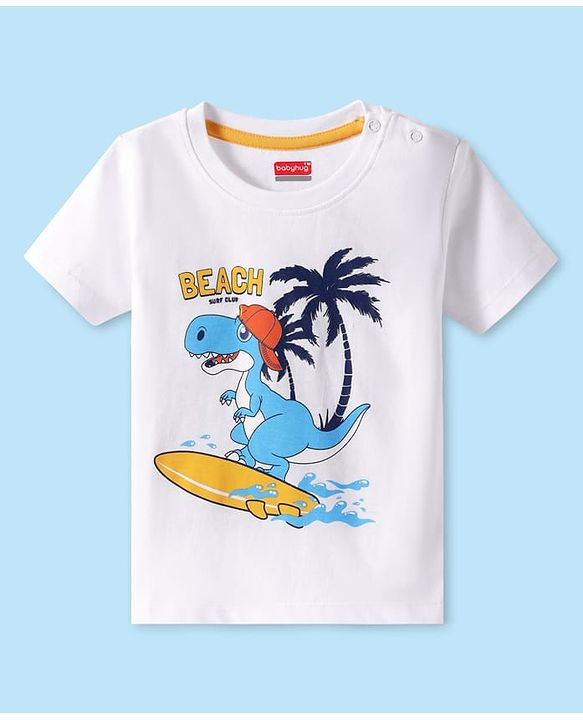 Babyhug Cotton Knit Half Sleeves T-Shirt With Dino Graphics - White