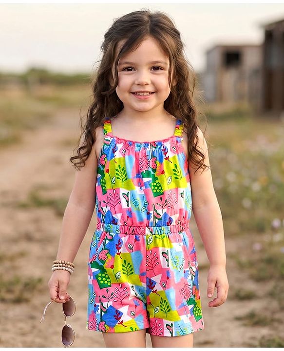 Babyhug Cotton Knit Sleeveless Jumpsuit With Floral Print - White