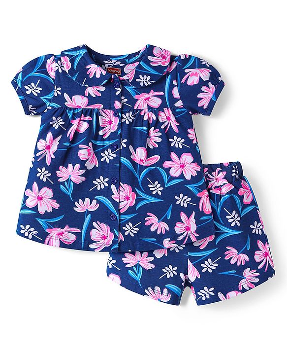 Babyhug Cotton Knit Half Sleeves Floral Printed Shorts Night Suit - Navy Blue