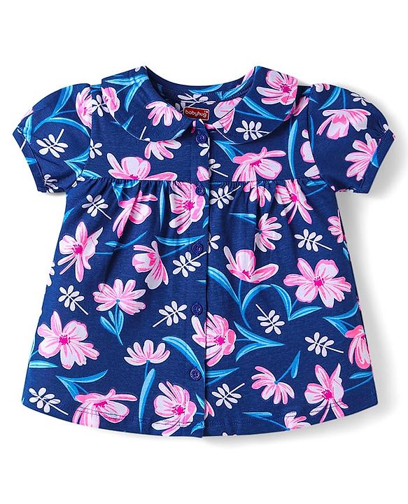 Babyhug Cotton Knit Half Sleeves Floral Printed Shorts Night Suit - Navy Blue